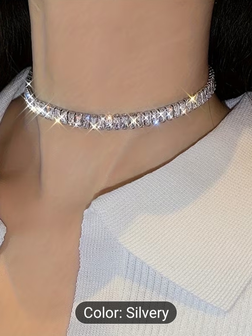 Silver Crystal Baguette Tennis Necklace - Women's Sparkling Jewelry - Picture 3 of 11